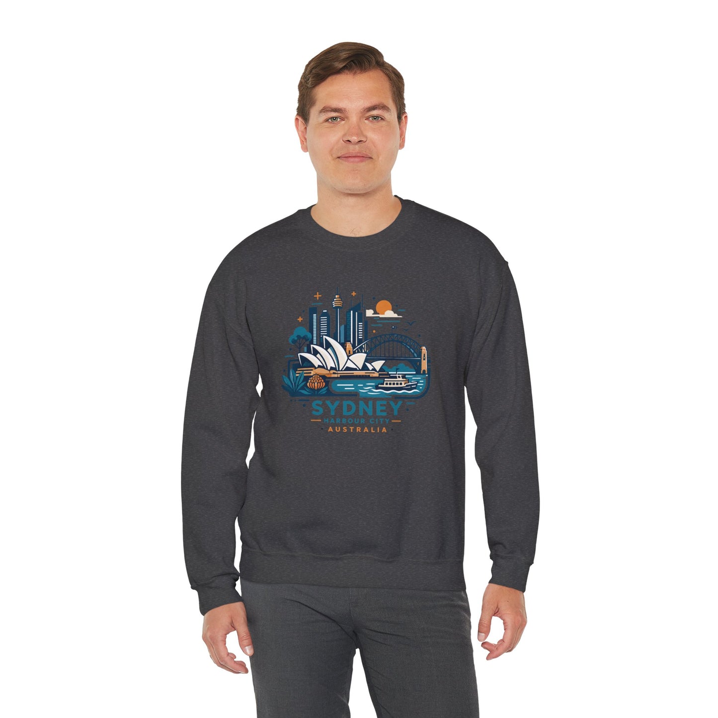 Dark heather crewneck sweatshirt with front Sydney harbor graphic print