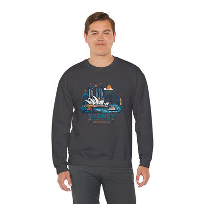 Dark heather crewneck sweatshirt with front Sydney harbor graphic print