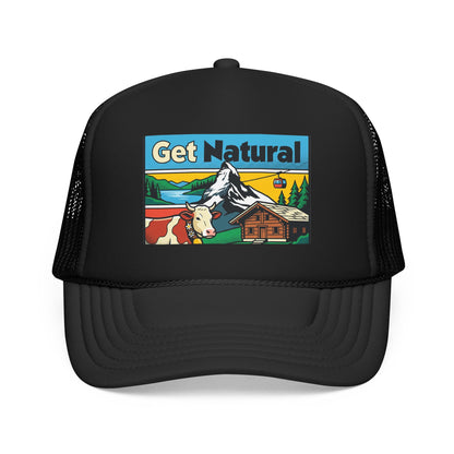 Black trucker hat with a front alpine scene graphic panel and mesh side panels.