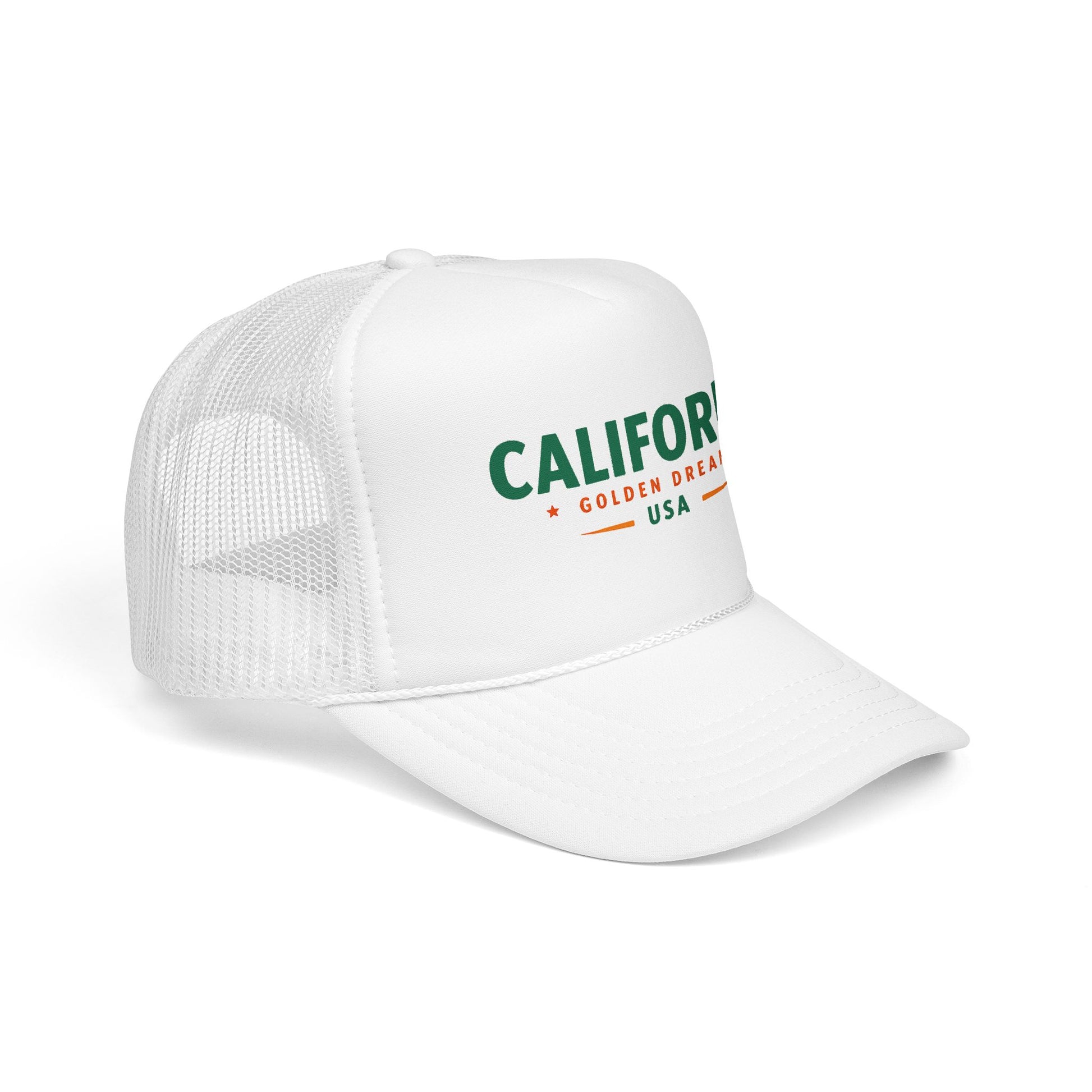 White trucker cap with green California logo and textured mesh side panels