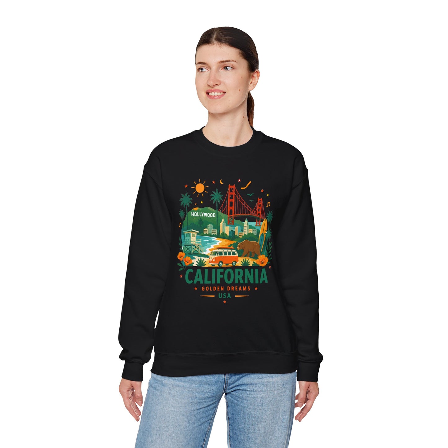 Black crewneck sweatshirt with colorful California graphic on the front