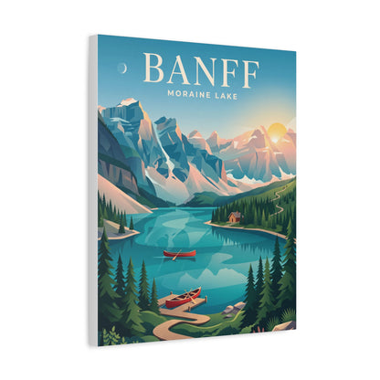 Banff Moraine Lake matte canvas wall art, clear front view of turquoise lake, mountains, and canoe