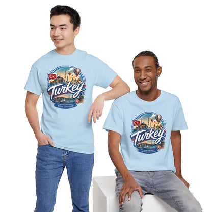 Light blue travel T-shirt with front “Turkey” logo graphic, worn by two models