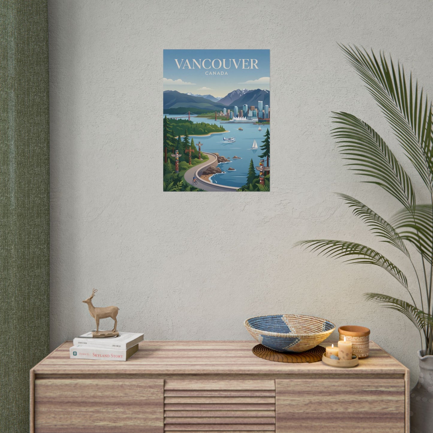 Vancouver Canada poster displayed on wall above a dresser, showing mountains and skyline
