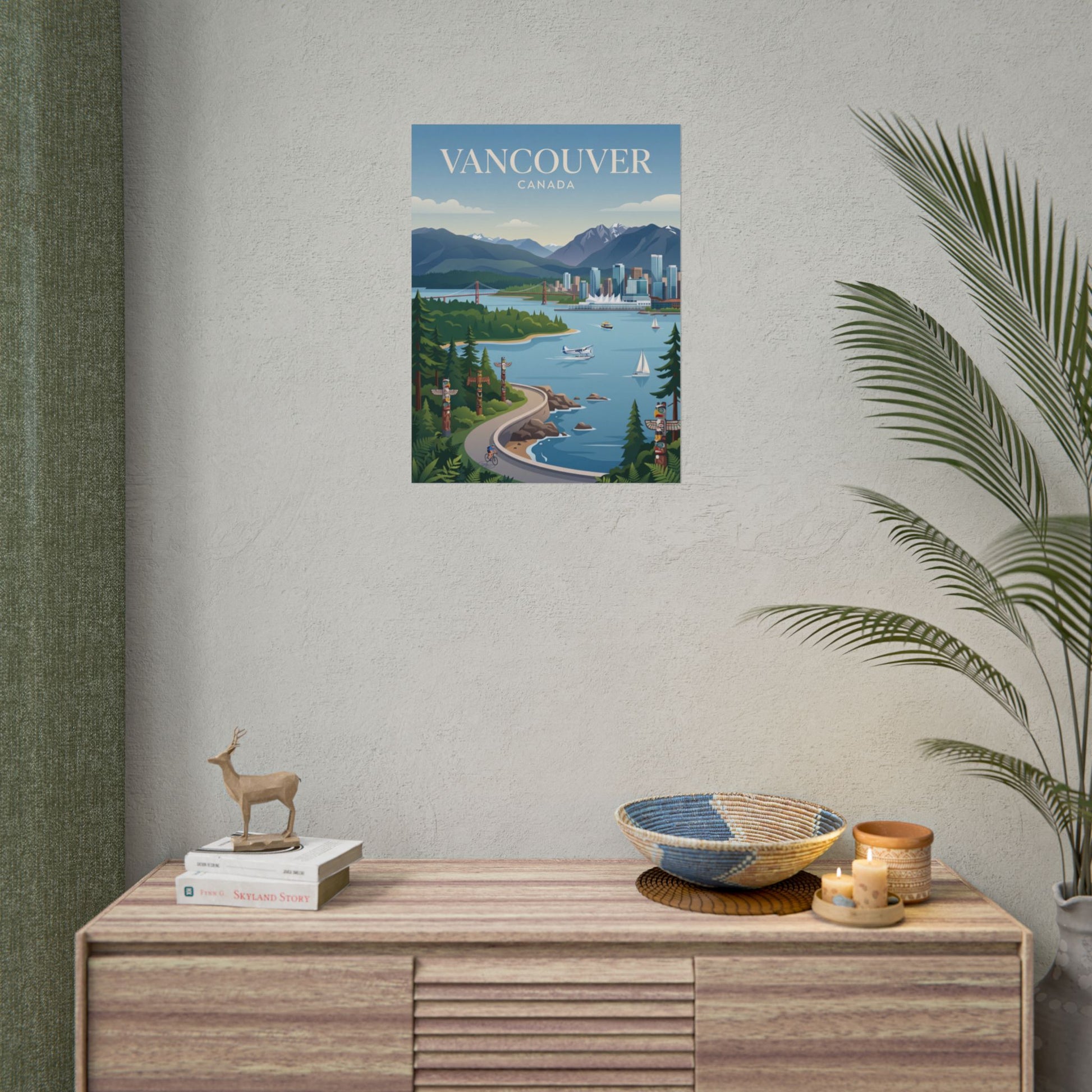 Vancouver Canada poster displayed on wall above a dresser, showing mountains and skyline