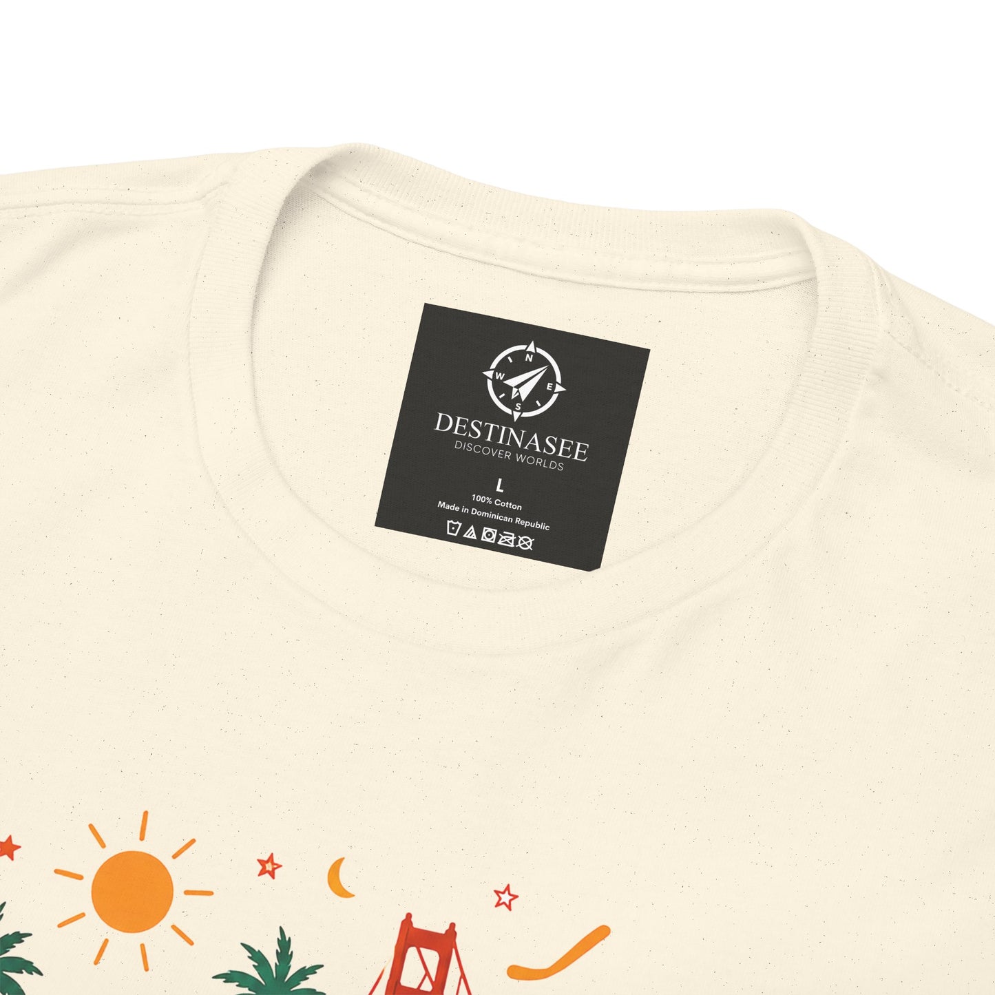 Natural T-shirt close-up: crew neck label plus colorful graphic detail on chest