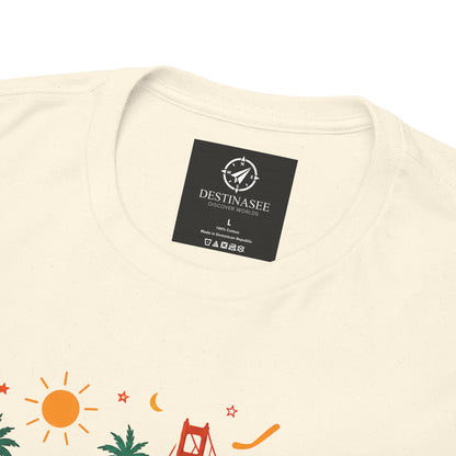 Natural T-shirt close-up: crew neck label plus colorful graphic detail on chest