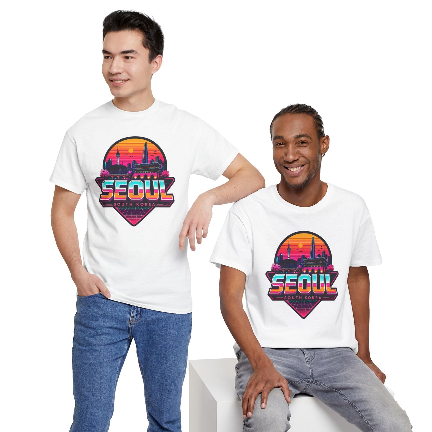 White crew-neck T-shirt with Seoul skyline heart graphic, worn by two male models
