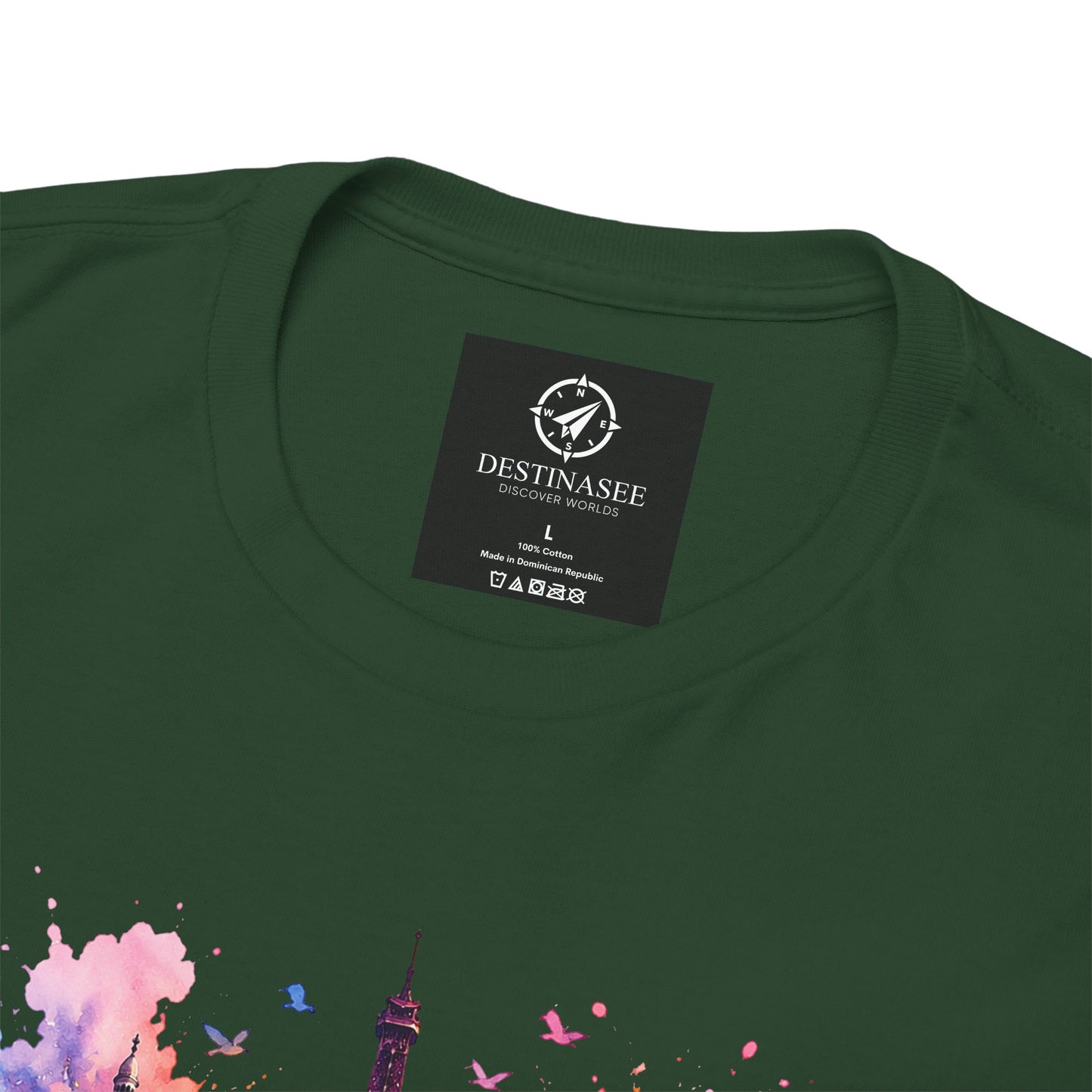 Forest green T-shirt close-up: neck label and Eiffel Tower floral graphic on chest