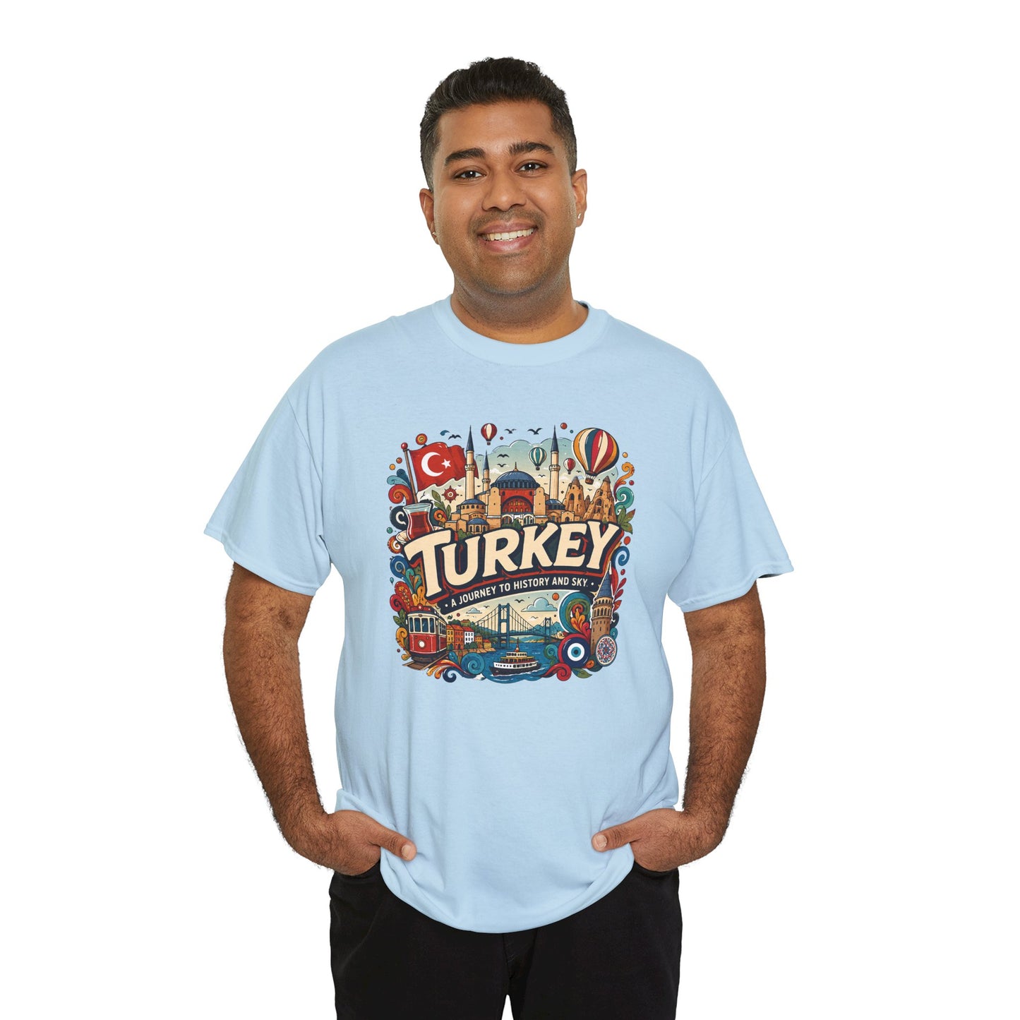 Light blue Istanbul graphic tee with colorful Turkey emblem on the chest