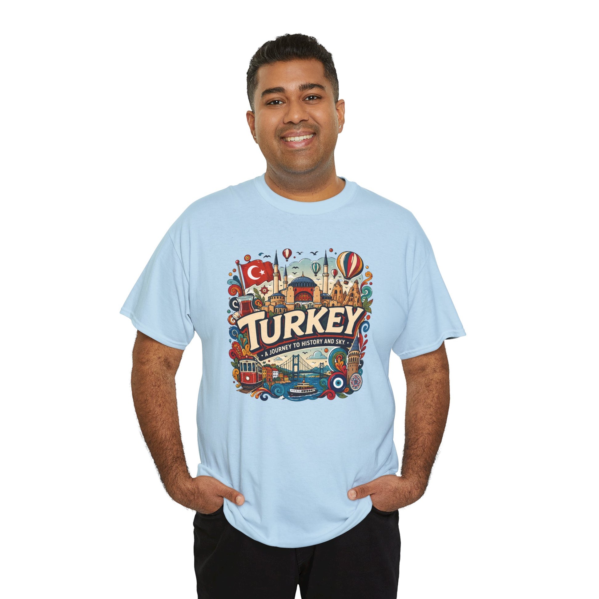 Light blue Istanbul graphic tee with colorful Turkey emblem on the chest