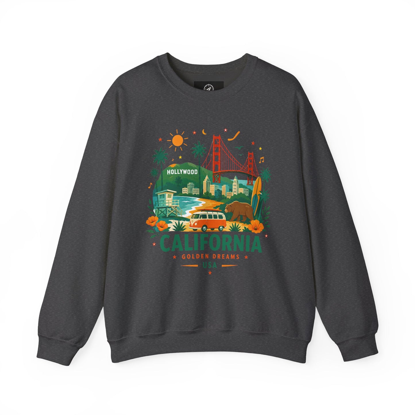 Dark gray crewneck sweatshirt with colorful California graphic on the front