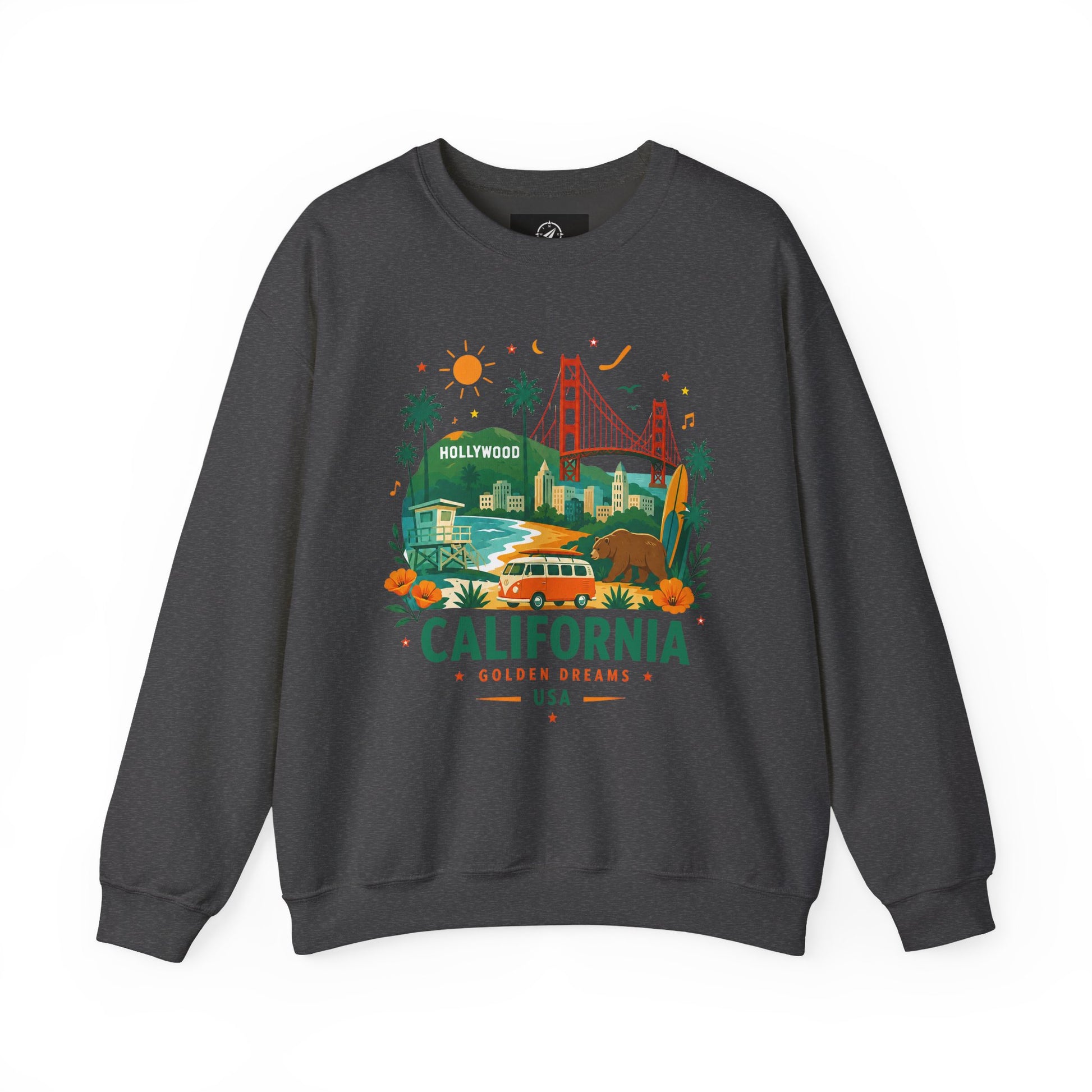 Dark gray crewneck sweatshirt with colorful California graphic on the front