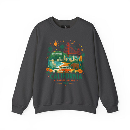 Dark gray crewneck sweatshirt with colorful California graphic on the front