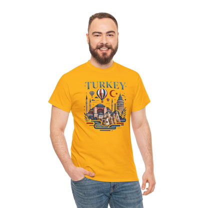 Orange T-shirt with Turkey skyline graphic, hot air balloons and crescent moon