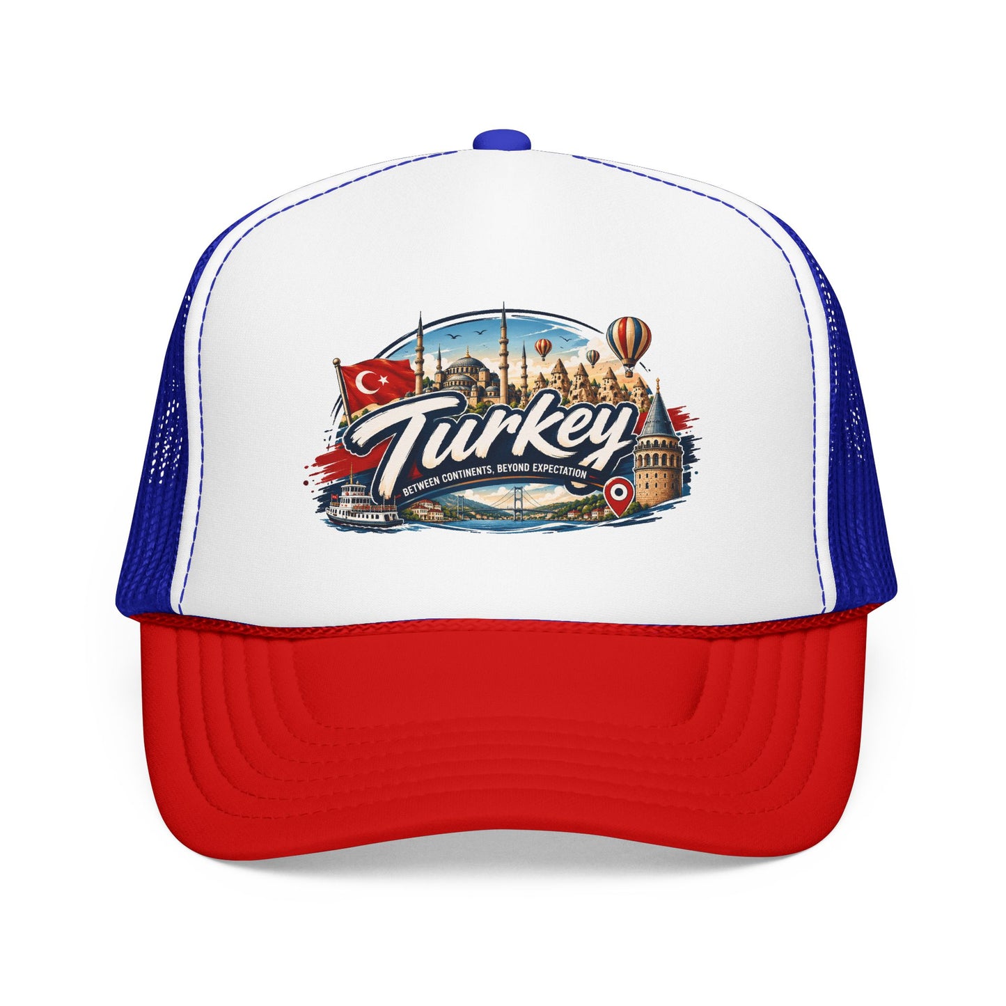 White and red trucker hat with blue mesh sides and Turkey travel graphic on front