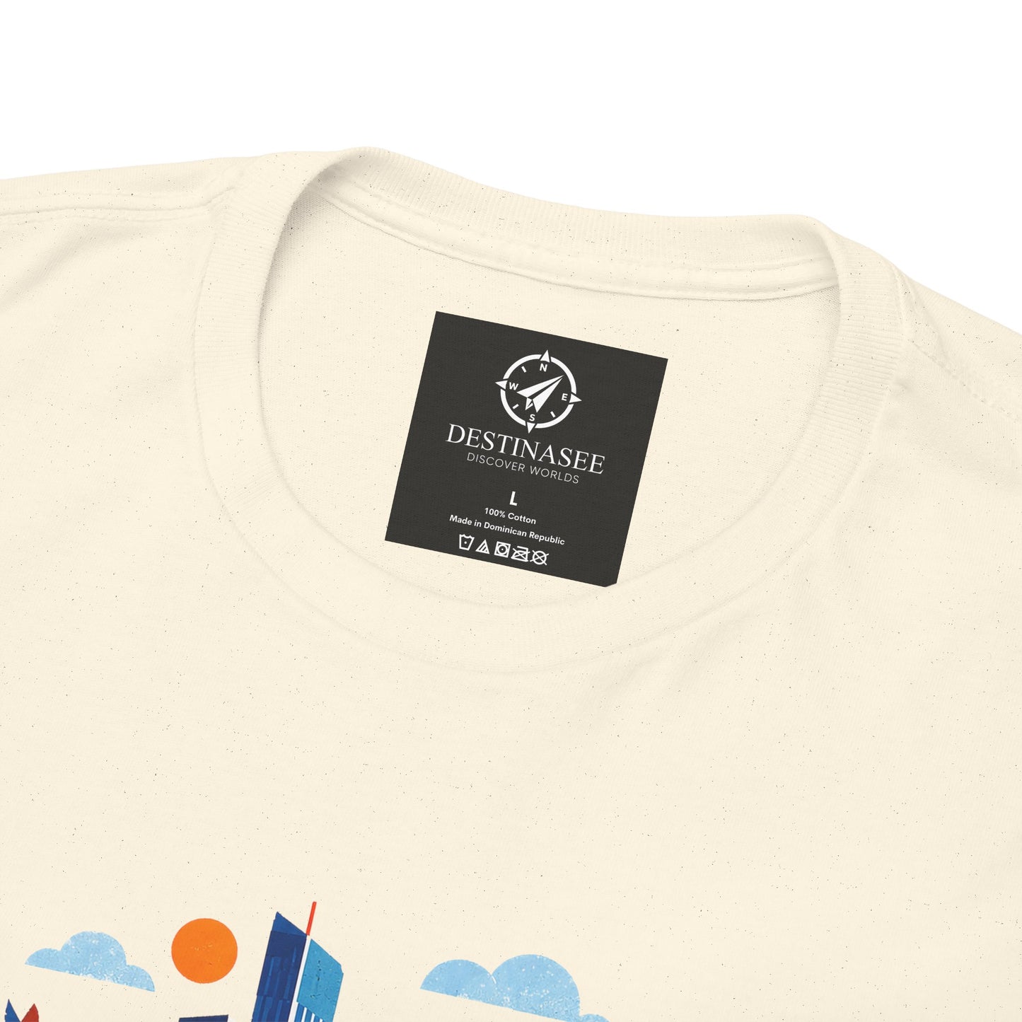 Natural crewneck t-shirt with small destination label and partial skyline graphic