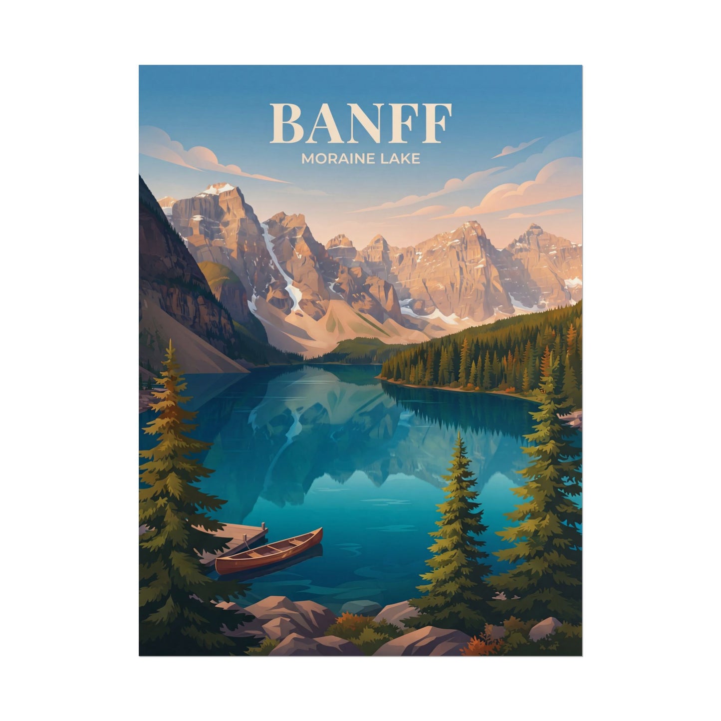 Banff Moraine Lake rolled poster print showing rugged peaks, turquoise lake, conifers, and canoe