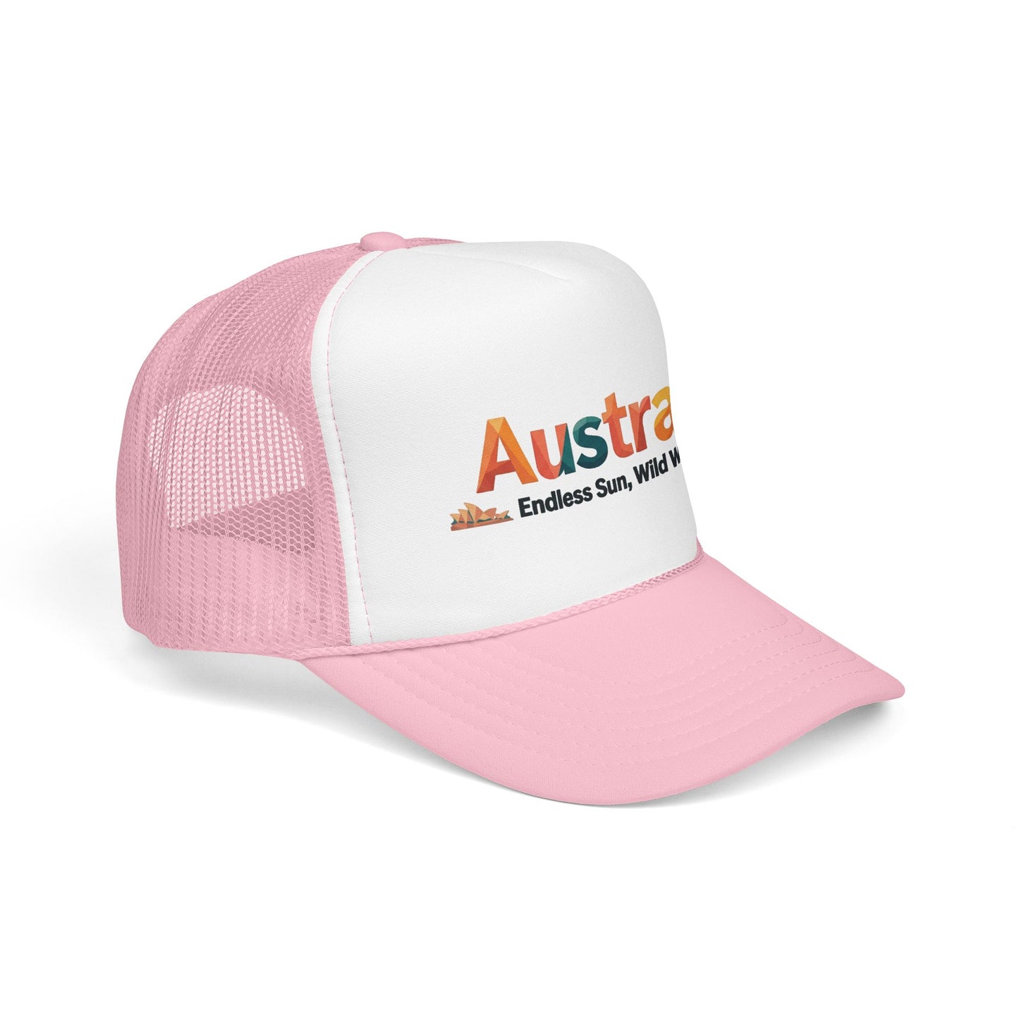Australia vintage travel trucker cap, white front with light pink mesh and matching brim