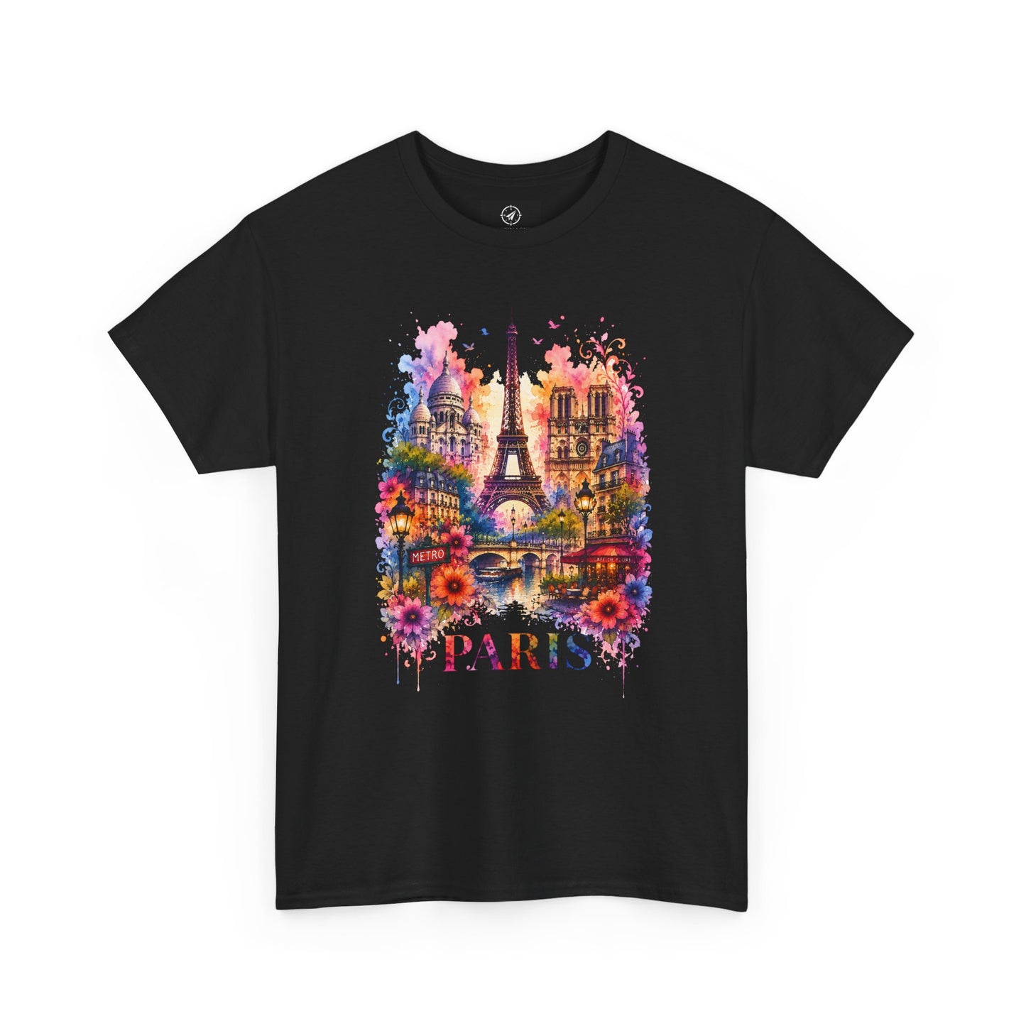 Unisex black T-shirt with colorful floral Eiffel Tower graphic and “PARIS”