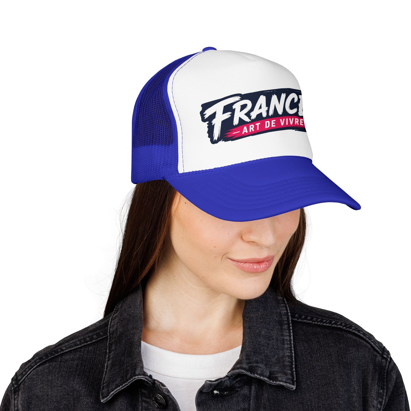 Blue and white trucker hat with “FRANCE” logo patch on the front panel