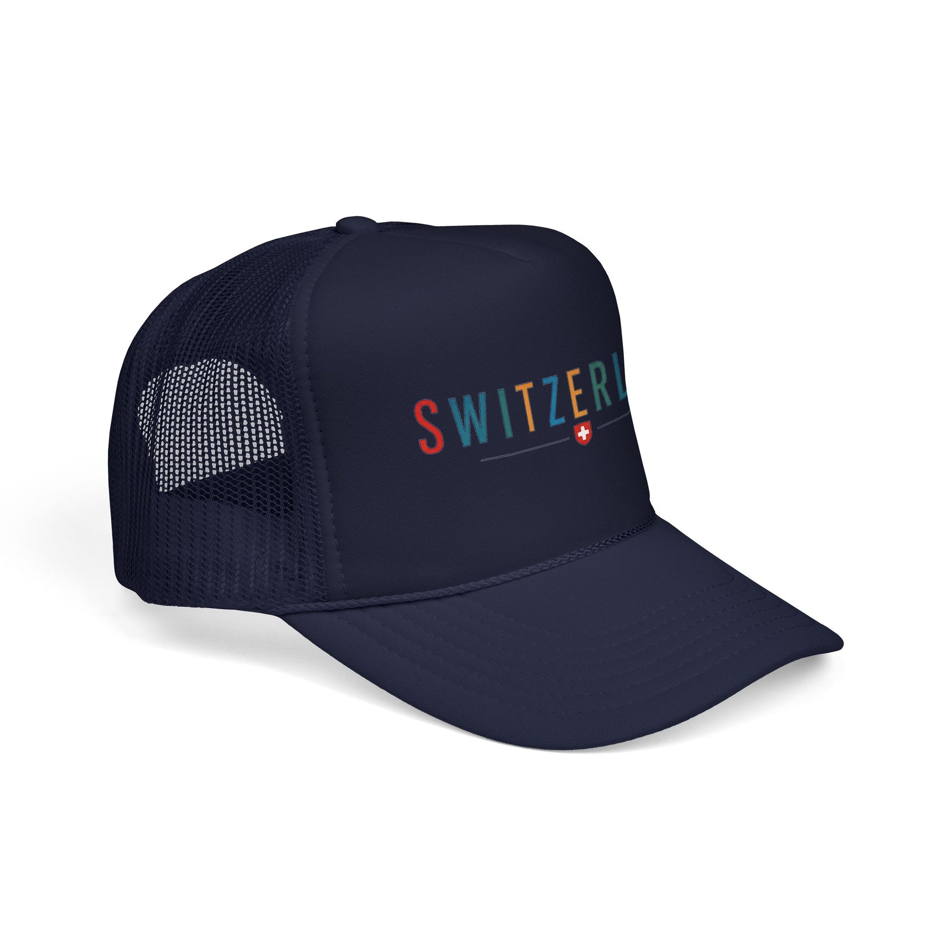 Dark navy foam trucker cap with mesh sides and 'SWITZER' logo