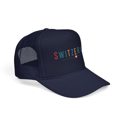 Dark navy foam trucker cap with mesh sides and 'SWITZER' logo