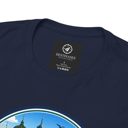 Australia-themed travel T-shirt in dark navy, oval city graphic and neck label (close-up)