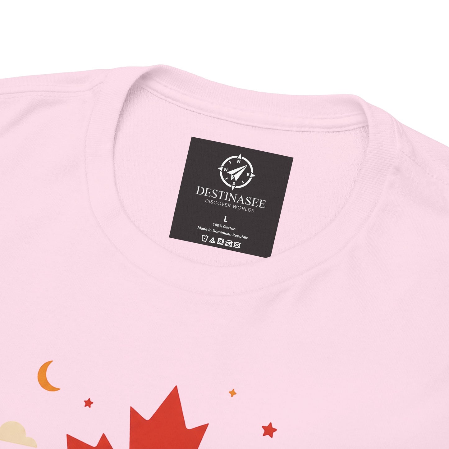 Light pink crewneck tee with neck label and Canada-themed graphic detail