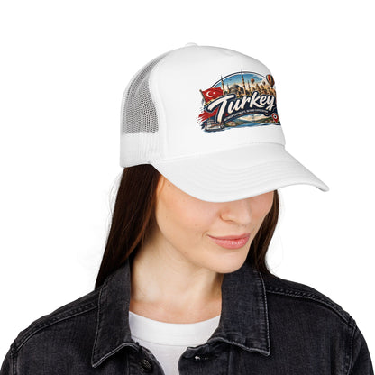 White trucker hat with mesh back and embroidered Turkey logo patch