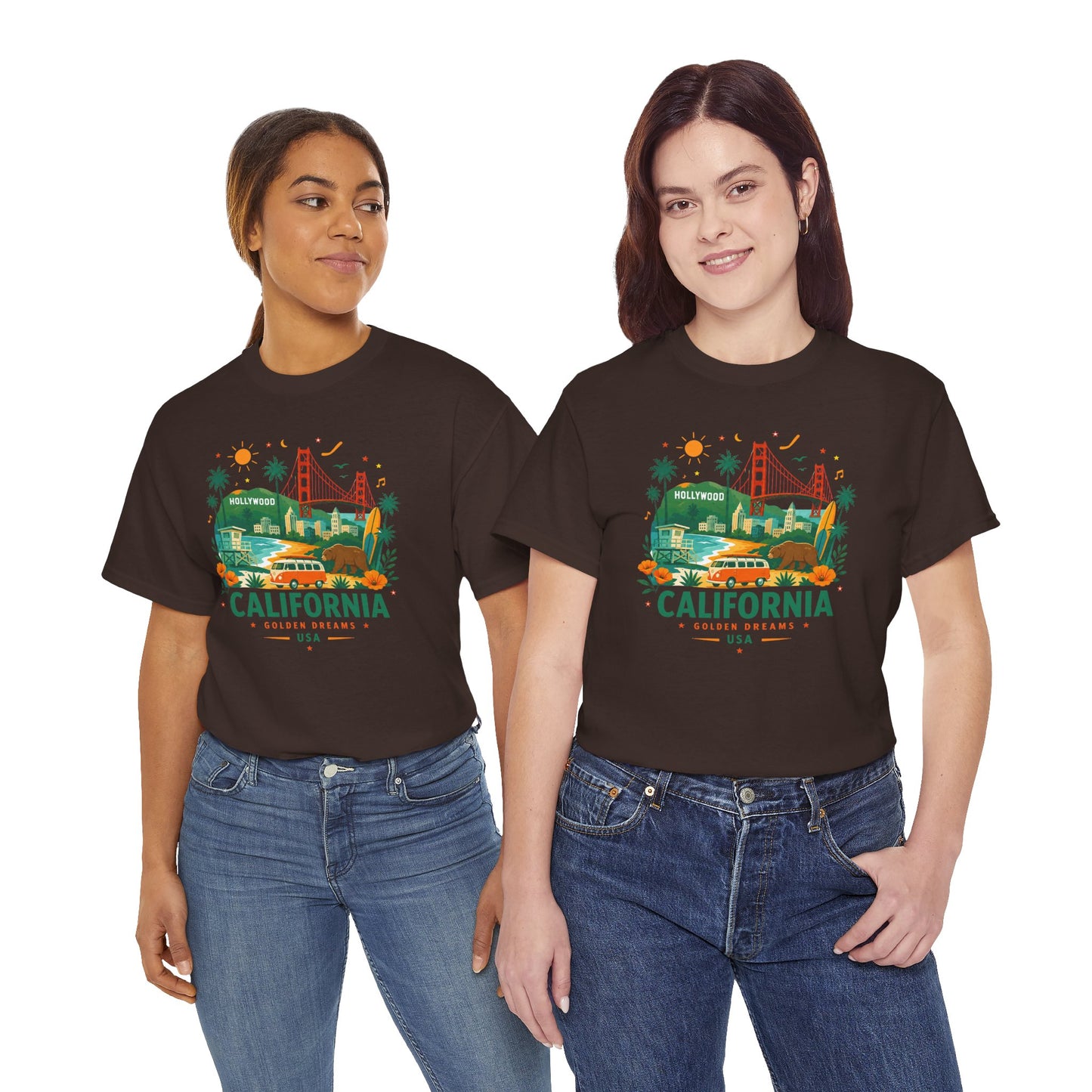 Dark T-shirt with colorful California city graphic on the front.