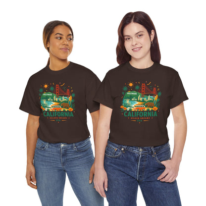 Dark T-shirt with colorful California city graphic on the front.