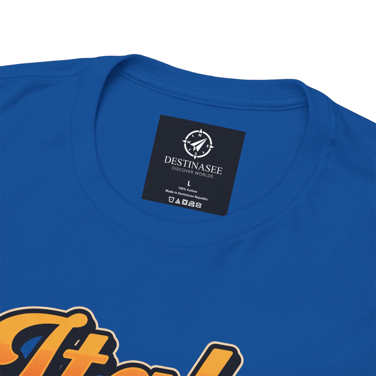 Royal blue t-shirt back neck label with partial orange graphic below