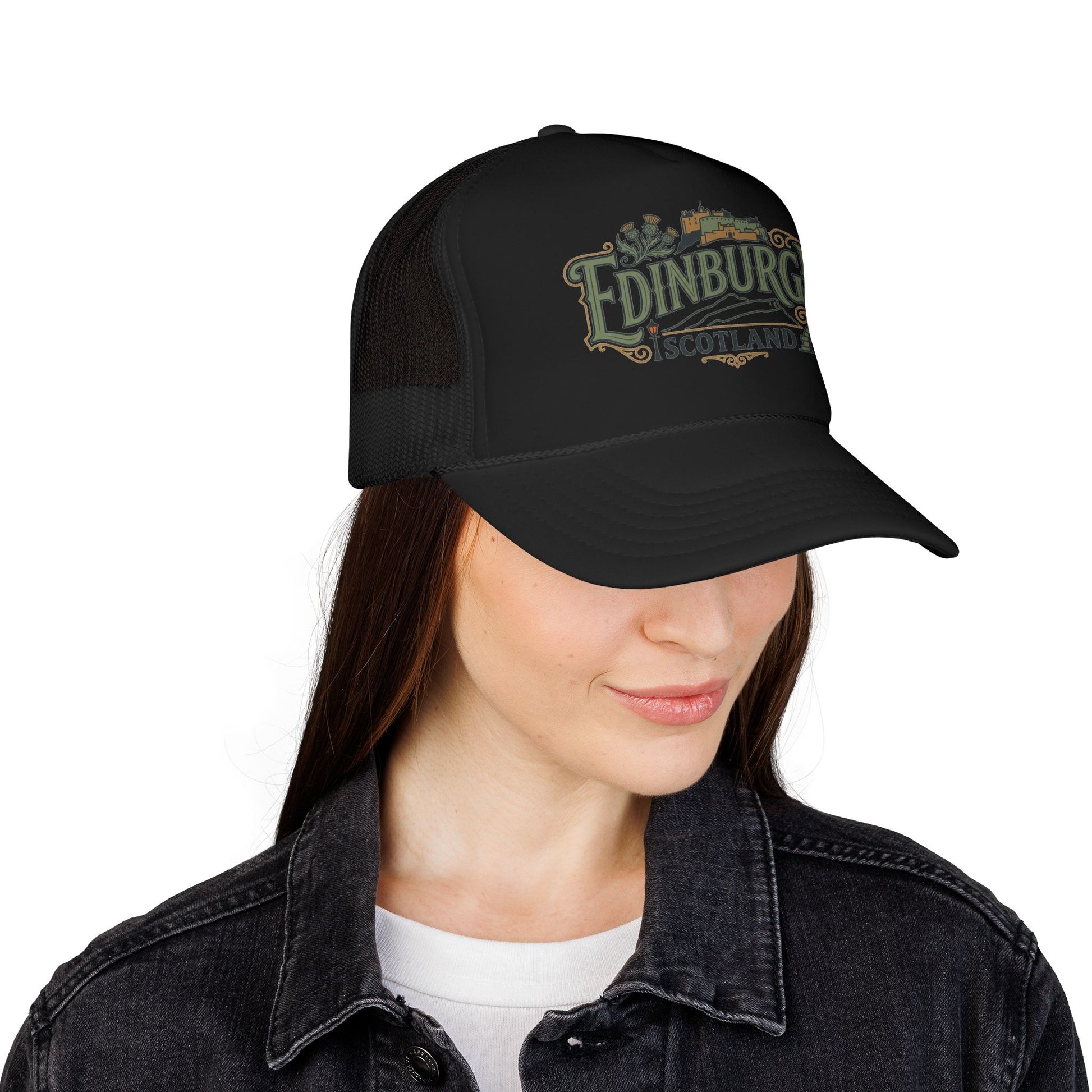 Black trucker hat with mesh sides and embroidered Edinburgh logo; curved brim.
