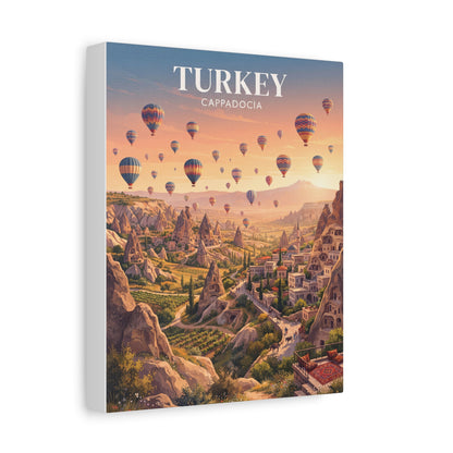 Matte canvas wall art showing hot air balloons over Cappadocia town, 'TURKEY' text.