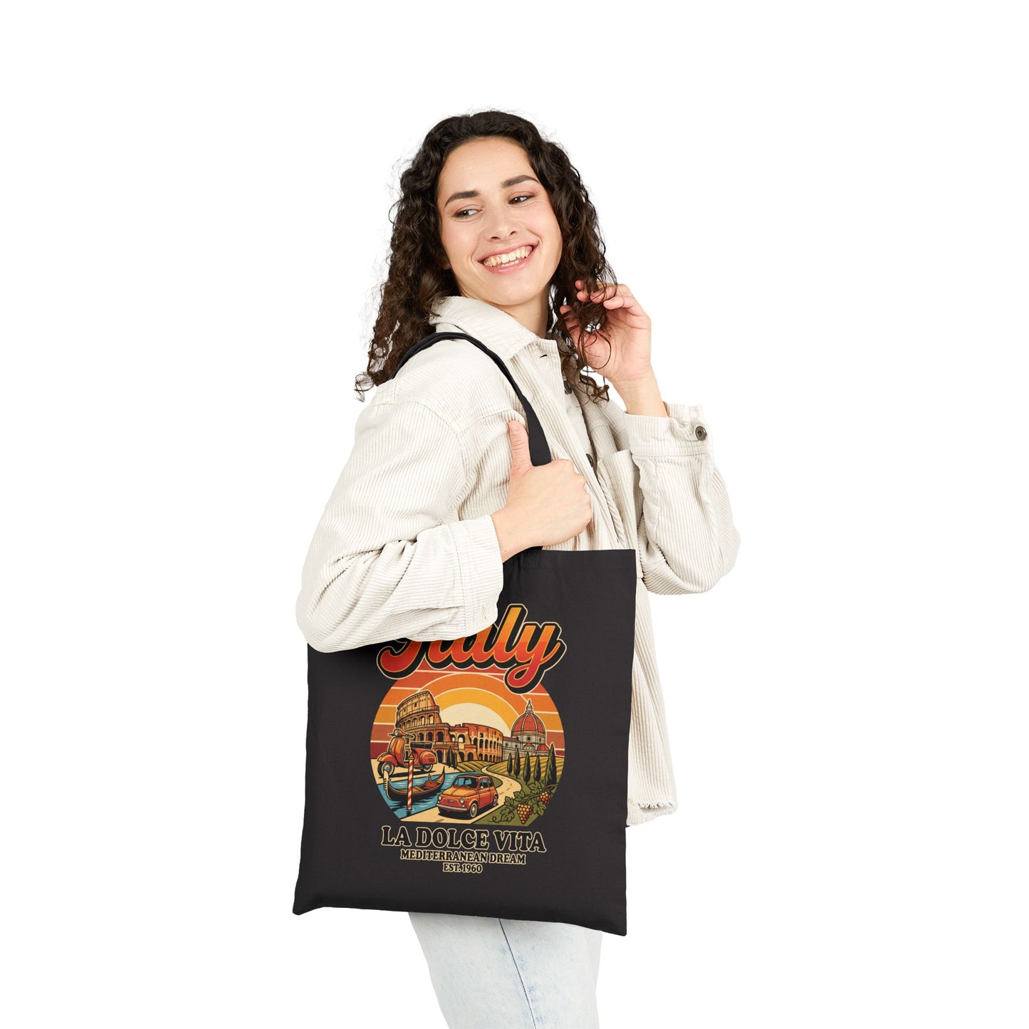 Black canvas tote bag with Italy graphic front, open top and wide shoulder handles