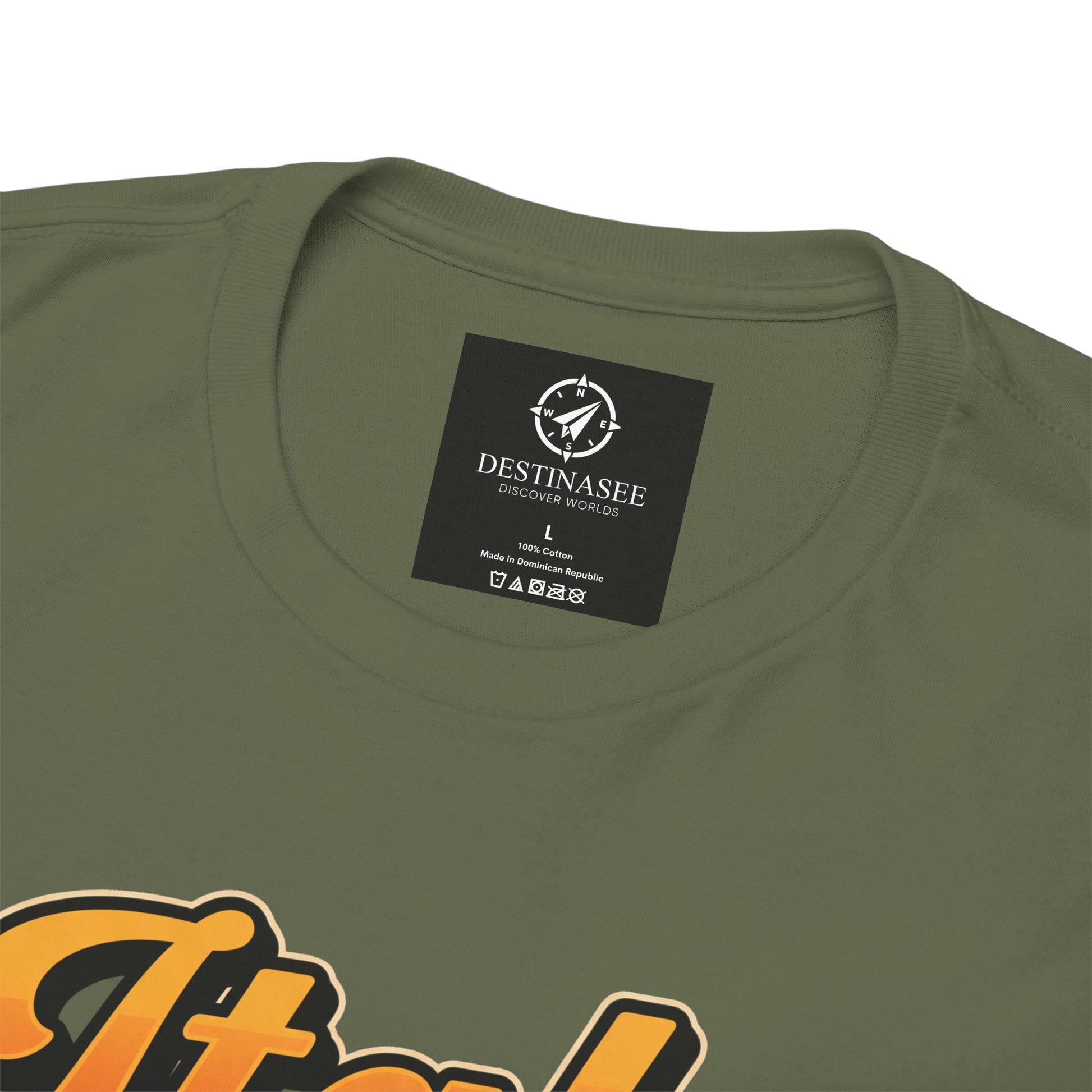 Olive green t-shirt back neck label with partial orange graphic below