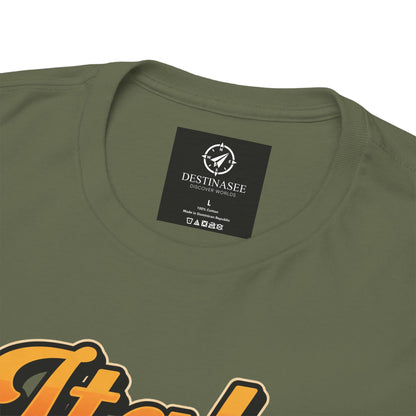 Olive green t-shirt back neck label with partial orange graphic below