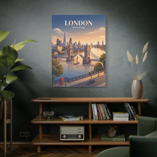 Matte canvas wall art with London Tower Bridge skyline and gold “LONDON” title