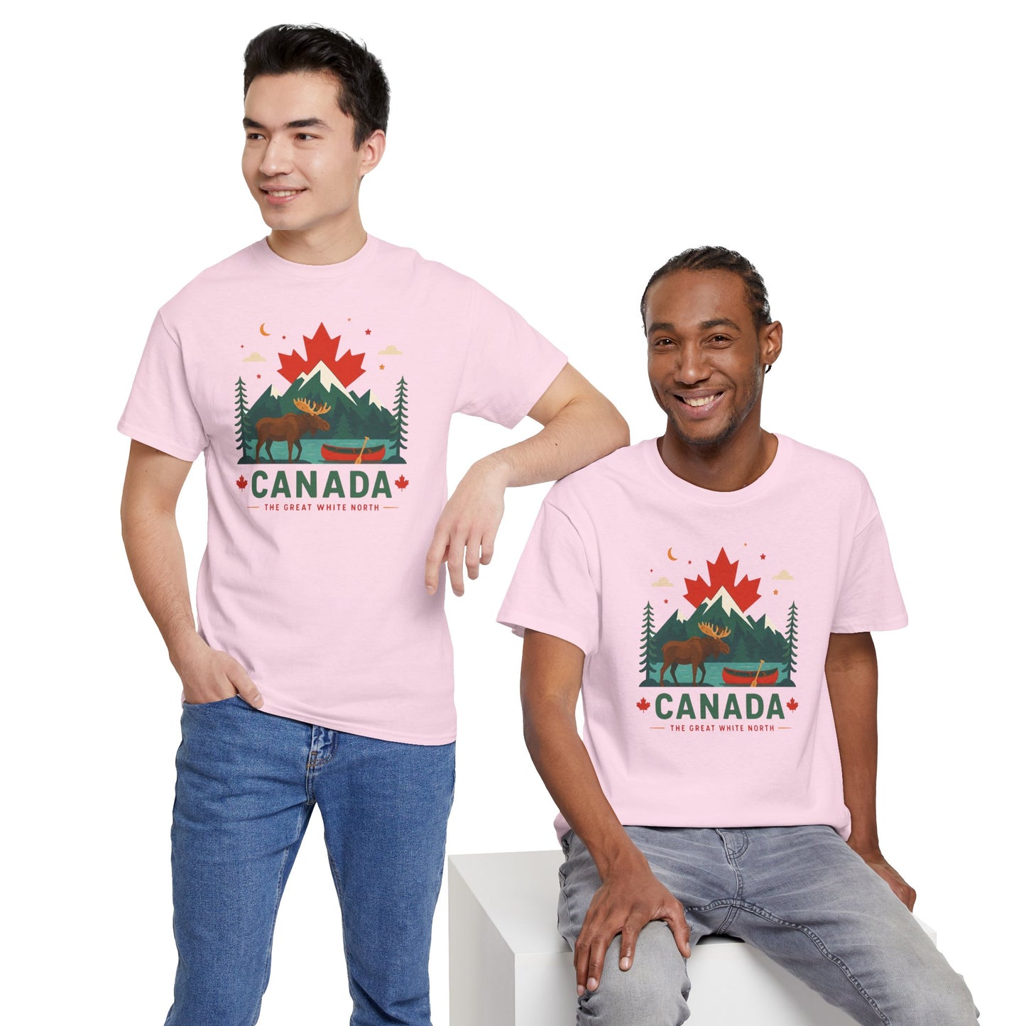 Light pink crewneck tee with Canada-themed outdoor graphic, short sleeves