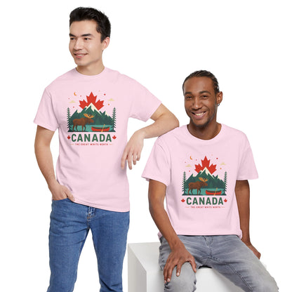 Light pink crewneck tee with Canada-themed outdoor graphic, short sleeves