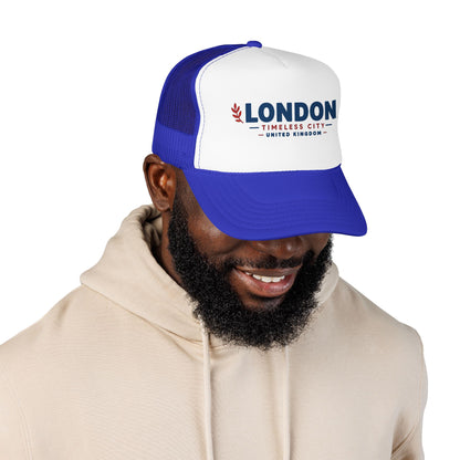 London Timbers trucker hat with white front and royal blue mesh, LONDON logo shown.