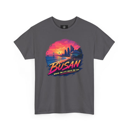 Charcoal crew-neck T-shirt featuring a “Busan” seaside sunset graphic circle on front.