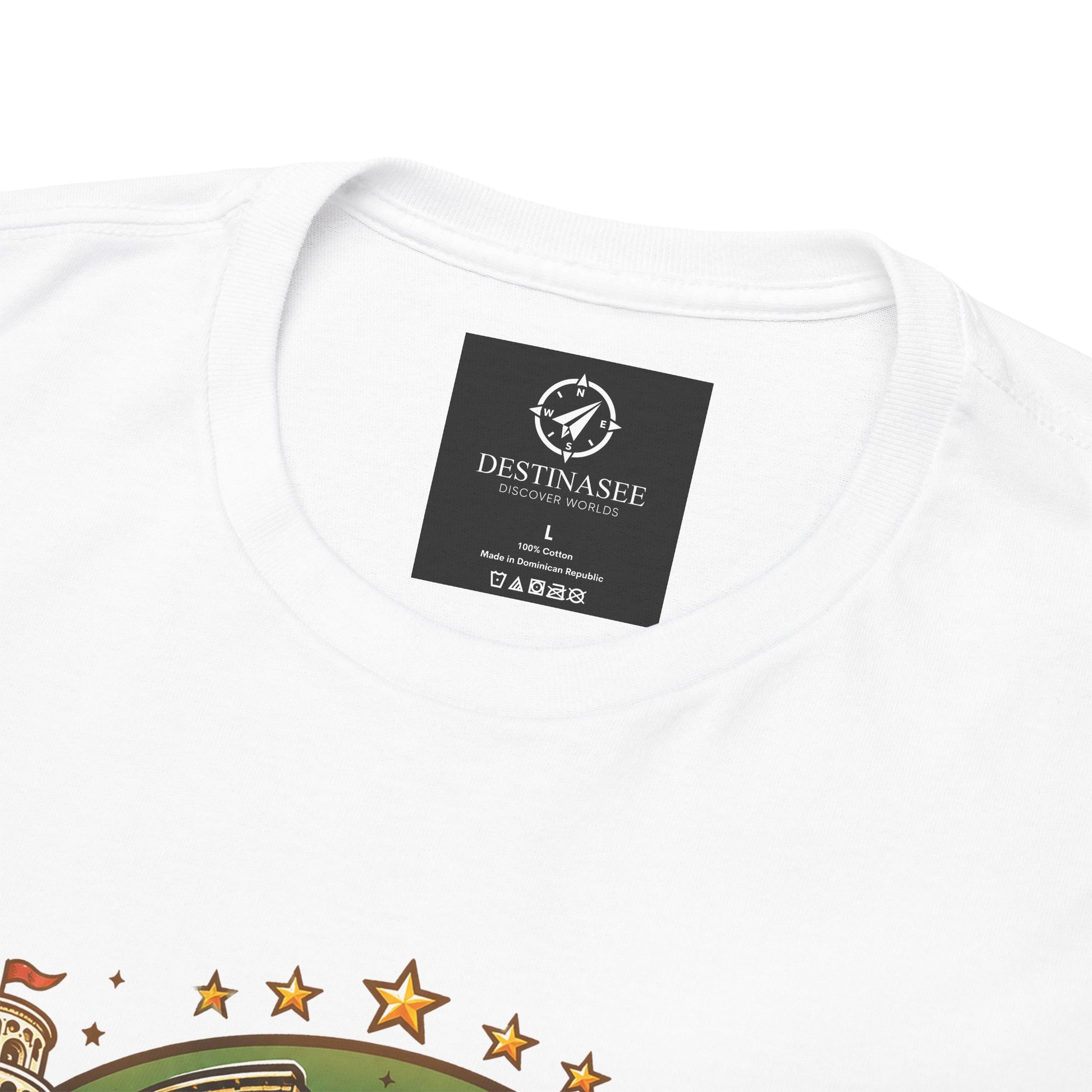 White t-shirt close-up of neck label and partial front graphic