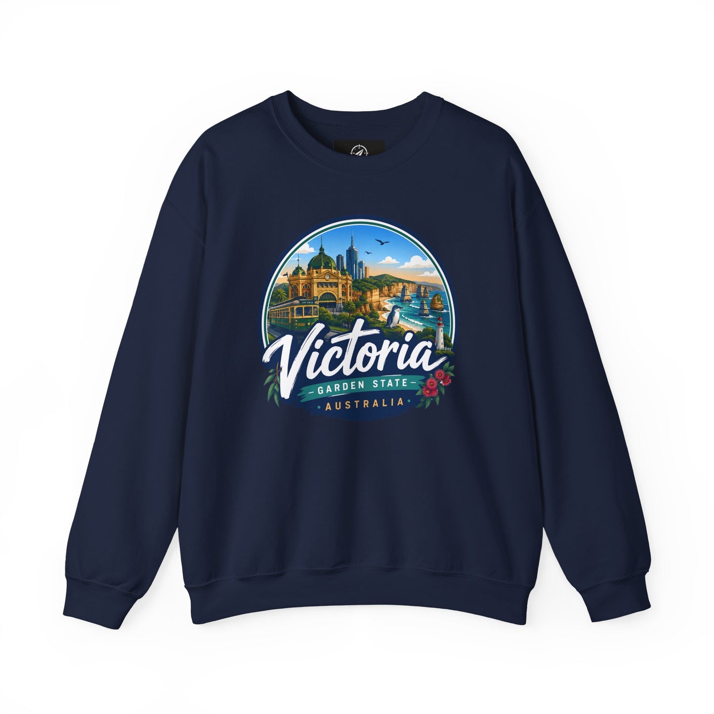 Navy crewneck sweatshirt with circular Victoria Australia graphic on the chest