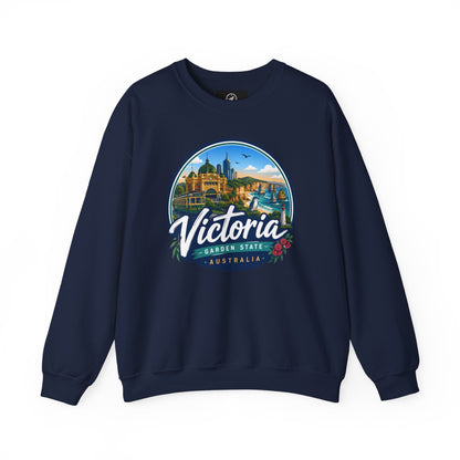 Navy crewneck sweatshirt with circular Victoria Australia graphic on the chest