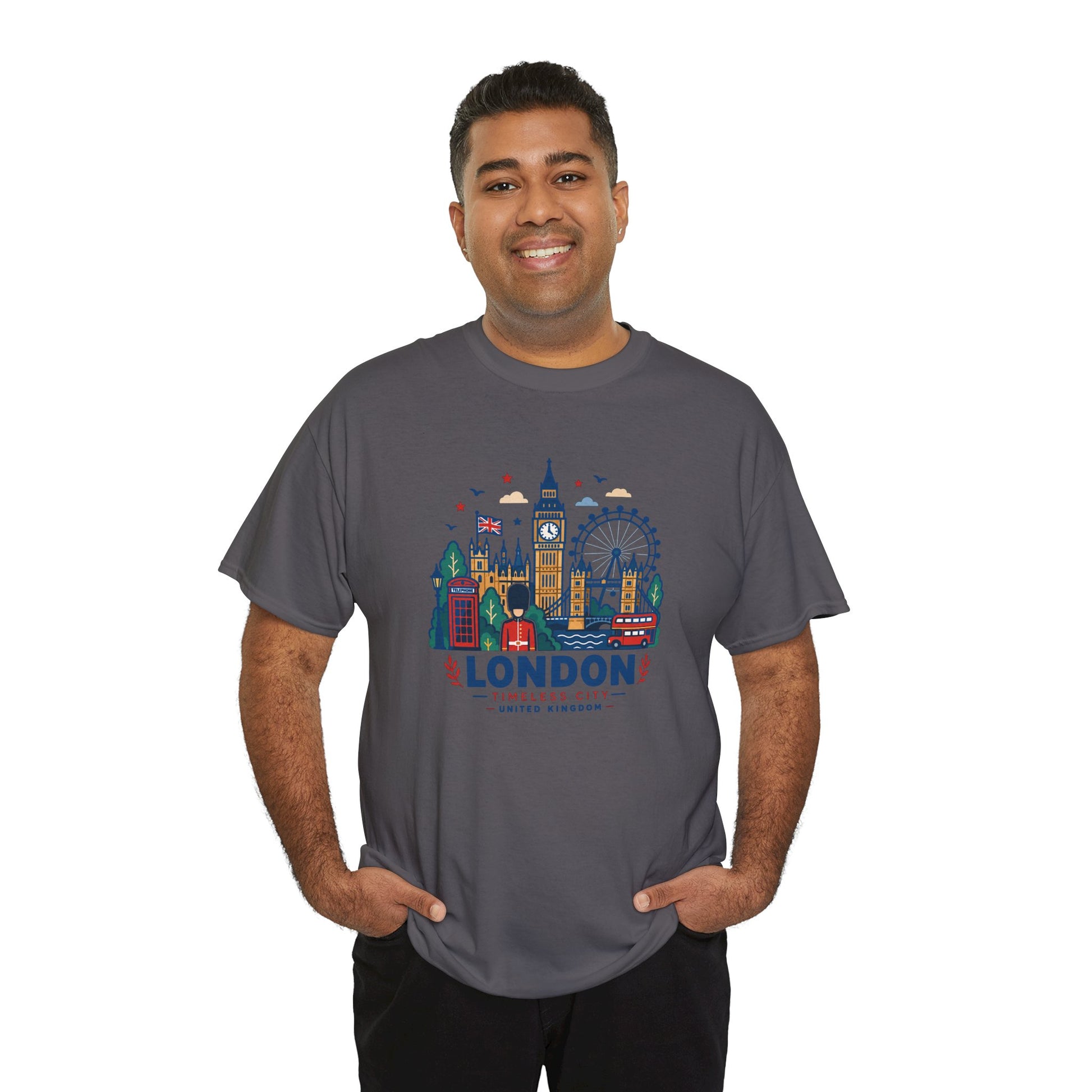 Charcoal t-shirt on model with colorful London skyline and Big Ben graphic