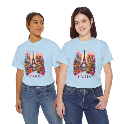 Light blue graphic T-shirt with colorful floral Eiffel Tower illustration and “PARIS” text