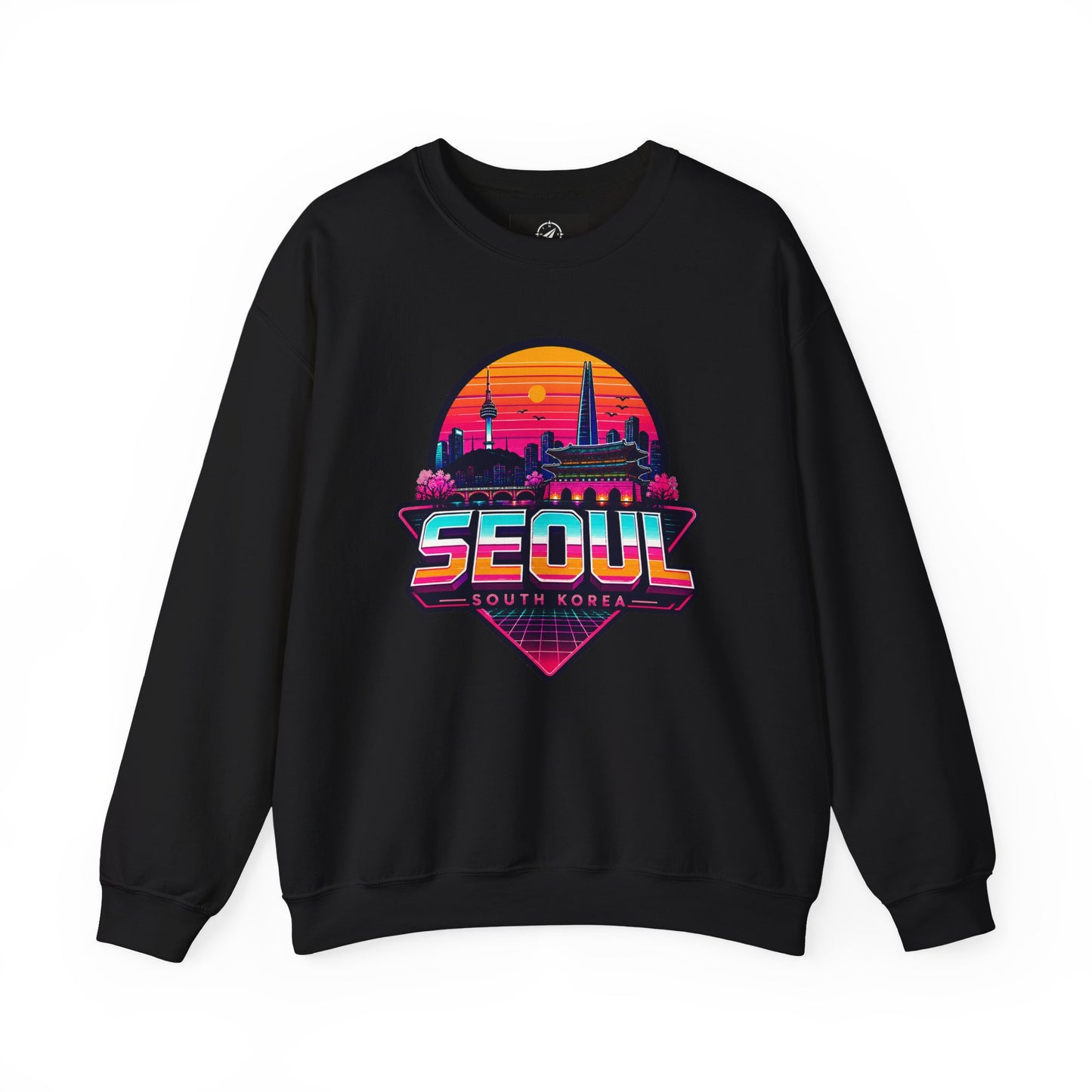 Black crewneck sweatshirt with Seoul city graphic on the chest