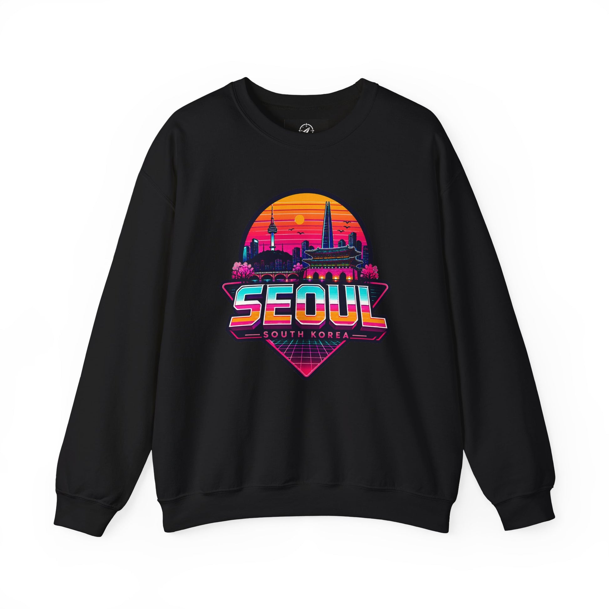 Black crewneck sweatshirt with Seoul city graphic on the chest